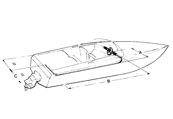 Tekening van een boot als hulpmiddel voor het bepalen van de lengte van een stuurkabel