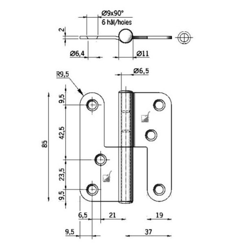 Paumelle links RVS 85x74mm