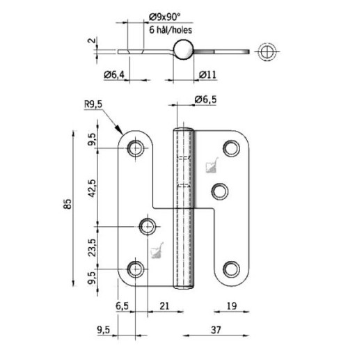 Paumelle rechts RVS 85x74mm