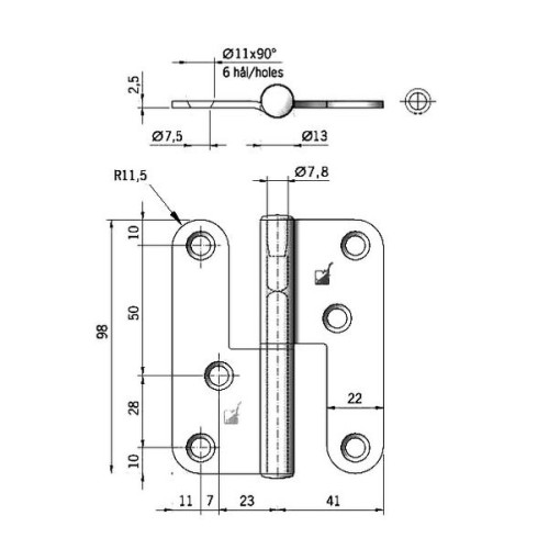 Paumelle rechts RVS 98x82mm