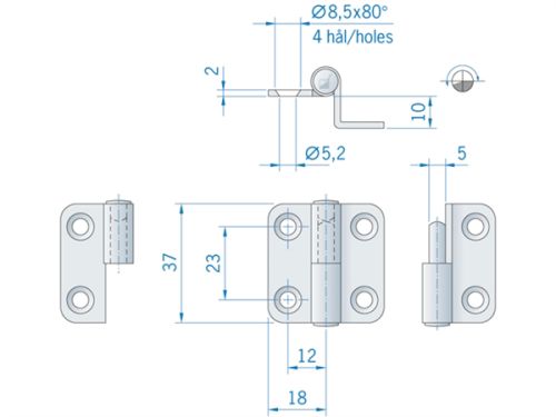 Paumelle rechts uitneembaar h=10 36x37mm