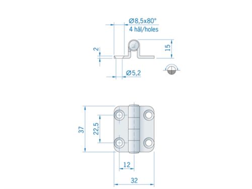 Scharnier RVS 32x37mm