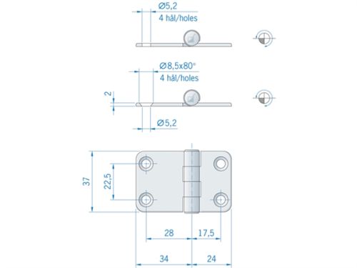 Scharnier RVS 58x37mm