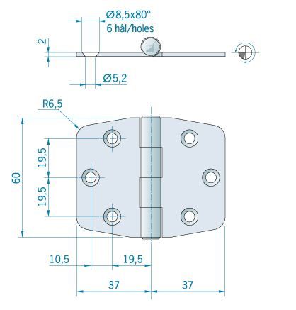 Scharnier RVS 60x74mm