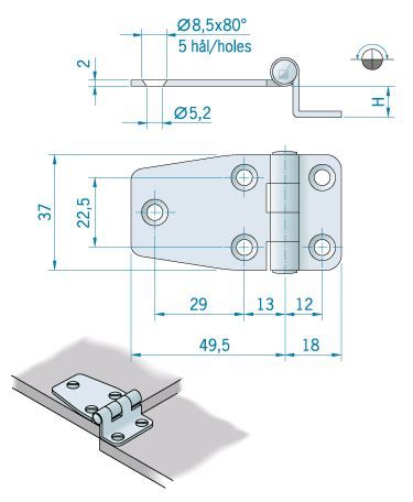 Scharnier RVS 66x37mm hoogte 12mm