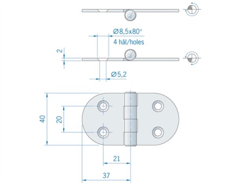 Scharnier RVS 74x40mm